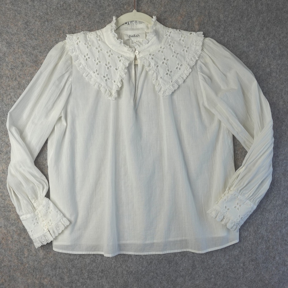 ba&sh White Eyelet‎ Collar Top Womens S Victorian Ruffle Cottage Parisian Blouse